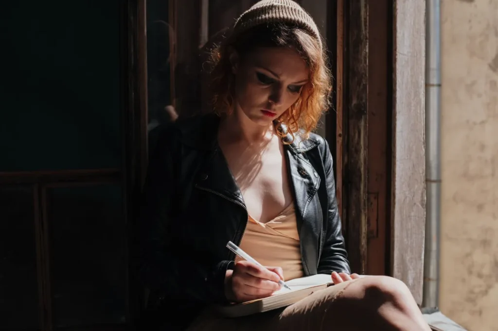 Seseorang menulis refleksi di dekat jendela dengan suasana tenang